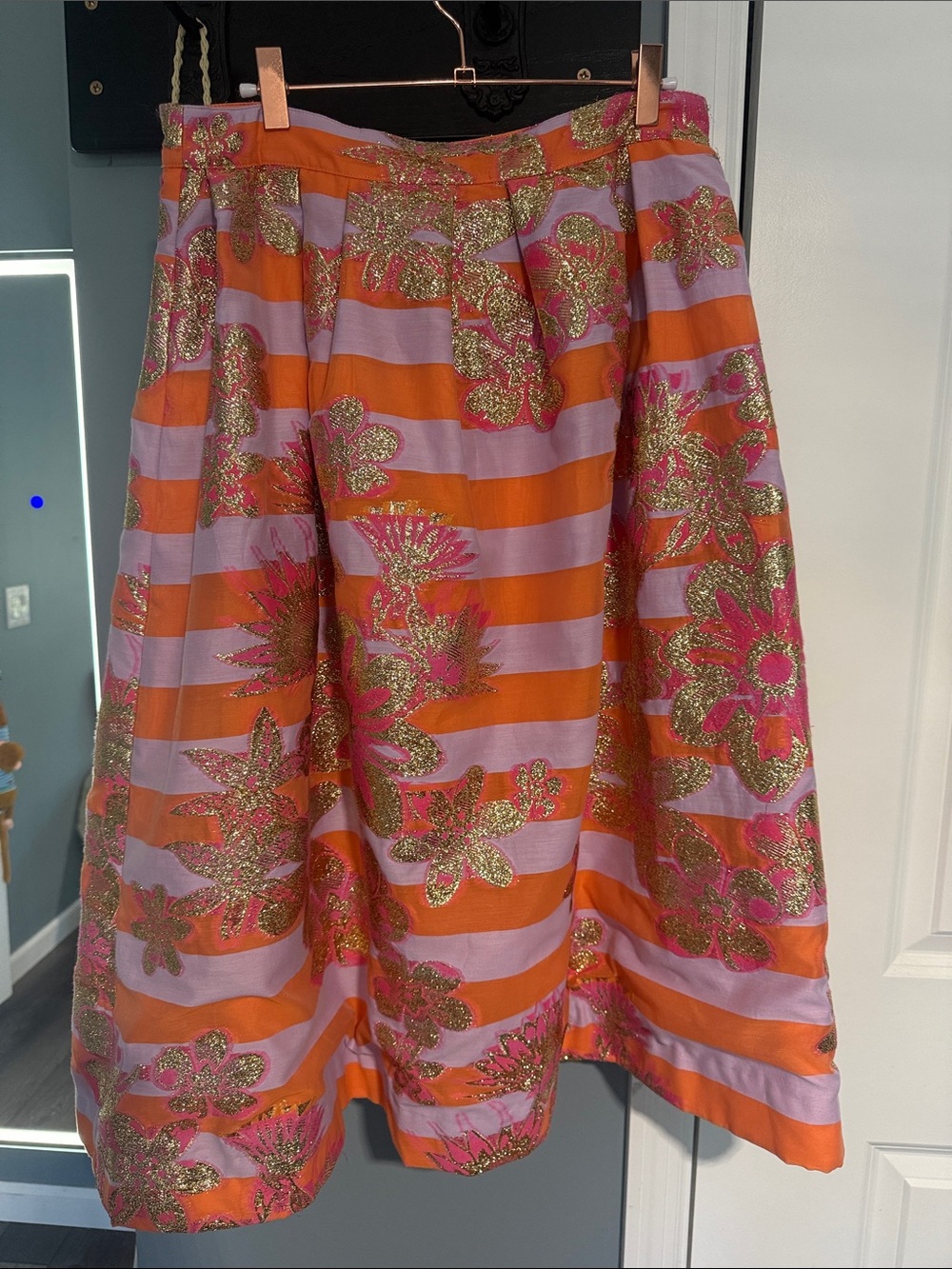 Lilly Pulitzer Orange and Lavender Striped A-Line Skirt with Gold Floral Detail